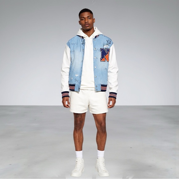 Fashion Nova Men’s Light Blue & White Graffiti Denim Varsity Jacket - Picture 3 of 13